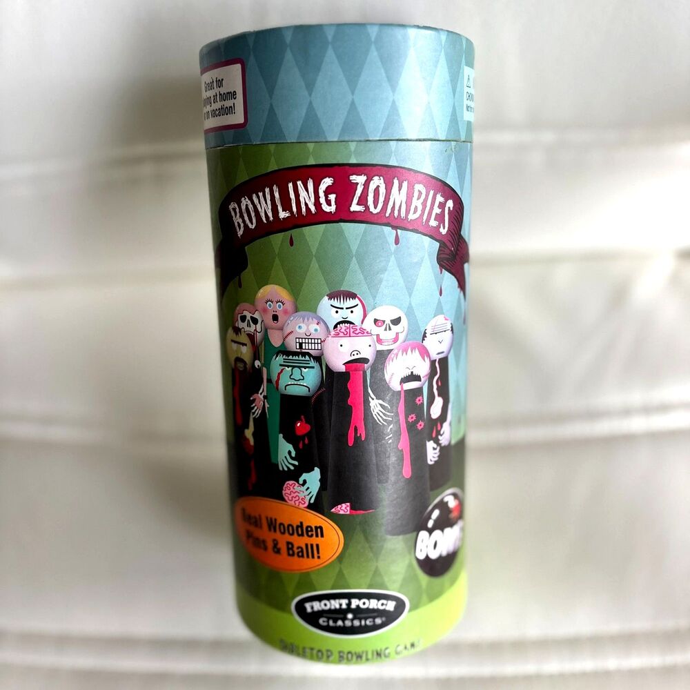 Front Porch Classics Tabletop BOWLING ZOMBIES Real Wooden Pins & Ball Game